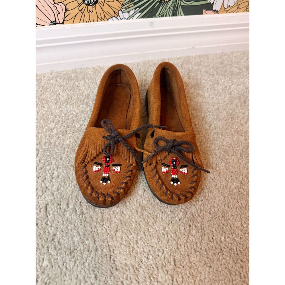 Minnetonka Moccasin Kids Beaded Fringe Suede Shoes Brown Little Kid Size 13